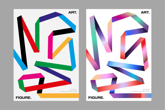 Meta-modern folded paper aesthetic poster set inspired by geometric Swiss design and bold constructivist forms. sharp angular ribbons graphic layout creative exhibitions modern branding visuals covers