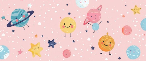 Flat happy planet characters, simple geometric cosmic elements, and minimal star patterns on a soft pastel galaxy background.