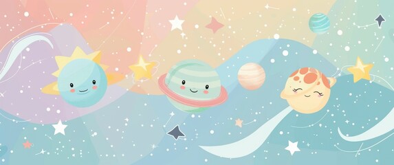 Happy planet characters float amidst minimal star patterns and simple cosmic elements in a soft pastel galaxy.