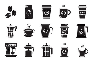 Black and white icons set includes vector design symbols of coffee cup, tea glass, and wine bottle for cafe or restaurant beverage collection