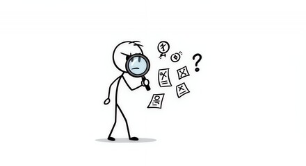 Stickman Detective Examining Clues with Magnifying Glass on White Background Symbolizing Mystery Deduction and Investigation