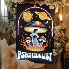 Obraz premium Neon floral vector art with bright colors glows in a dark, smoky space, a concept design for music wallpaper