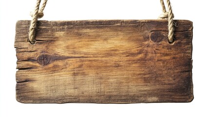 Aged wooden sign hanging by ropes