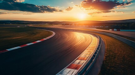 A breathtaking aerial view of a race track during sunset, showcasing a beautiful landscape.