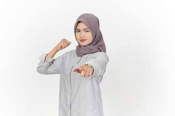 Pointing at you with angry gesture Of Beautiful Asian Woman Wearing hijab Isolated On White Background