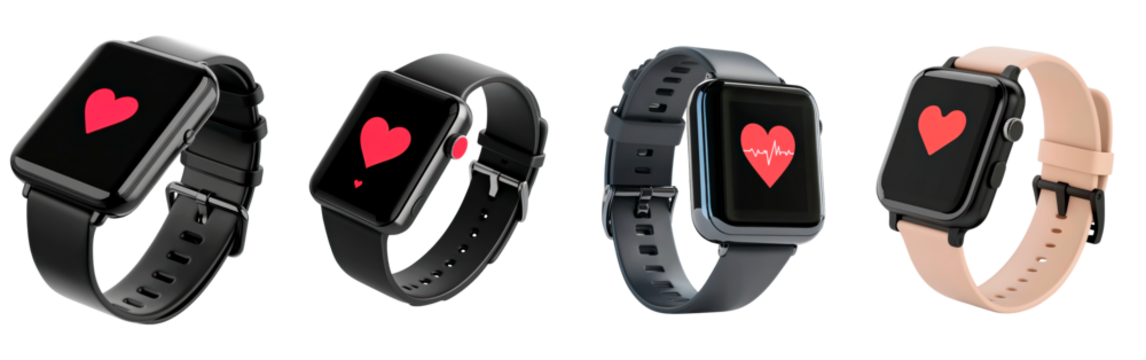 A smartwatch displaying a heart rate monitor with a red heart isolated on transparent background - Powered by Adobe