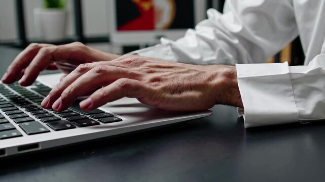 Close-up video of hands typing on a laptop keyboard. The side angle captures the focus on productivity and technology in a modern setting.