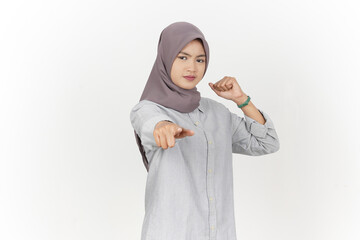 Pointing at you with angry gesture Of Beautiful Asian Woman Wearing hijab Isolated On White Background
