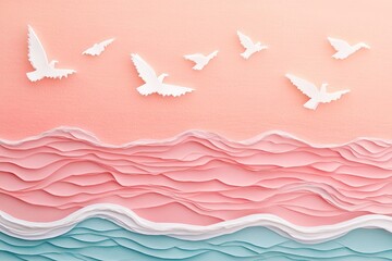 Paper birds soar over a layered pink and teal ocean