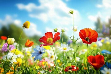 Naklejka premium Spring's charm: a colorful display of flowers in a meadow.
