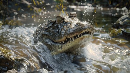 Obraz premium Caiman emerges, predatory features sharp in fast-flowing river, rocky riverbed hints, underwater vegetation visible, sunlit waters sparkle.