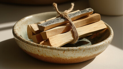 Palo Santo bundles tied with twine, resting in a ceramic bowl, bathed in sunlight