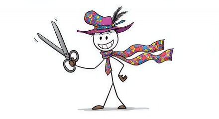 Stickman Fashion Designer Holding Scissors with Colorful Hat and Scarf Against White Background
