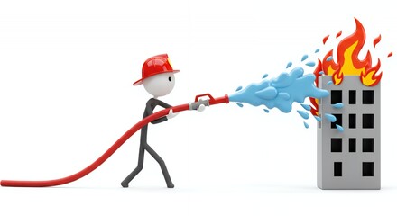 Stickman Firefighter Aims Water Hose at Burning Building on Isolated White Background