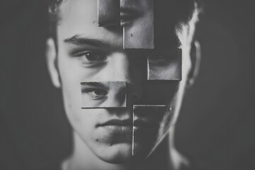 A striking black and white portrait of a young man with fragmented pieces of his face creating an artistic and surreal visual effect