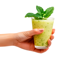 A hand holding a glass filled with a green smoothie isolated on transparent background