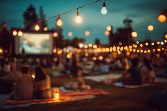 Blurred outdoor summer movie night with string lights and picnic setup, cozy backyard gathering concept, perfect for seasonal lifestyle content
