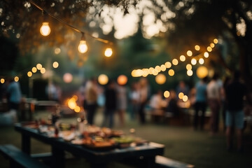 Blurred summer backyard BBQ party with string lights and food table, evening garden celebration scene, ideal for festive lifestyle visuals