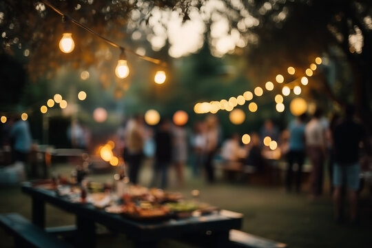 Blurred summer backyard BBQ party with string lights and food table, evening garden celebration scene, ideal for festive lifestyle visuals