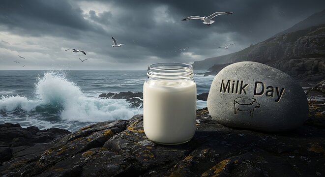Celebrate World Milk Day with Freshness on a Rugged Coastline: A Serene Composition - Powered by Adobe