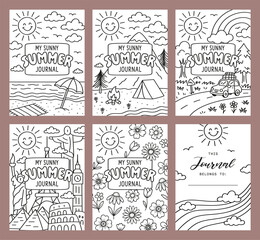 Cover page Set Summer Journal Printable Planner Page Template, Vector Illustration, A4 and A5 Sizes, Hand Drawn Doodle Style. Planner pages bullet journal A5 A4 format