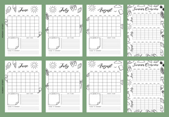 Calendar Set Summer Journal Printable Planner Page Template, Vector Illustration, A4 and A5 Sizes, Hand Drawn Doodle Style. Planner pages bullet journal A5 A4 format