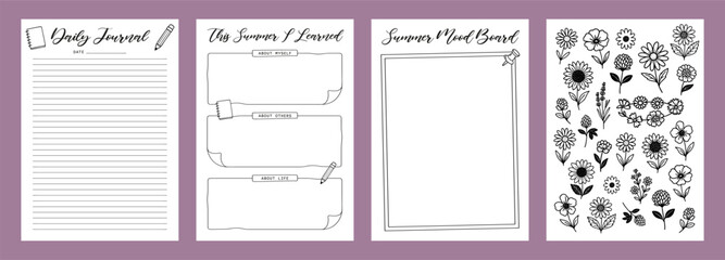 Fototapeta premium Set Summer Journal Printable Planner Page Template, Vector Illustration, A4 and A5 Sizes, Hand Drawn Doodle Style. Planner pages bullet journal A5 A4 format