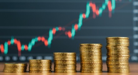 Stacks of coins representing financial growth with stock chart background