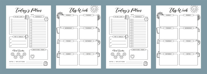 Week and daily plan Set Summer Journal Printable Planner Page Template, Vector Illustration, A4 and A5 Sizes, Hand Drawn Doodle Style. Planner pages bullet journal A5 A4 format