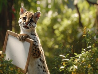 Adorable Leopard Cub Holding a Sign in a Lush Forest