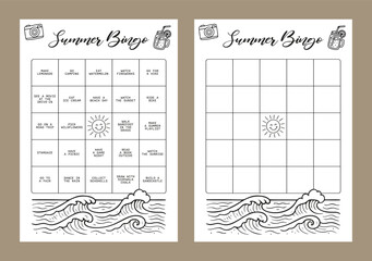 Bingo Set Summer Journal Printable Planner Page Template, Vector Illustration, A4 and A5 Sizes, Hand Drawn Doodle Style. Planner pages bullet journal A5 A4 format