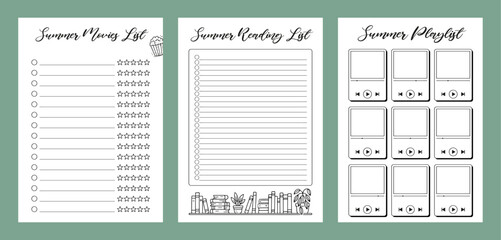 Movies, Reading, Playlist Set Summer Journal Printable Planner Page Template, Vector Illustration, A4 and A5 Sizes, Hand Drawn Doodle Style. Planner pages bullet journal A5 A4 format