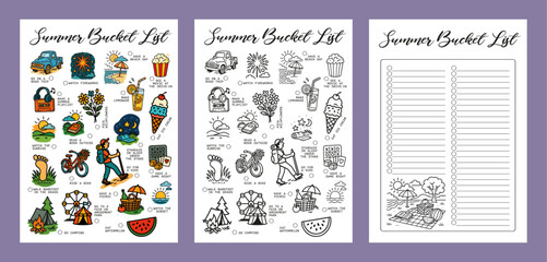 Summer bucket list Set Summer Journal Printable Planner Page Template, Vector Illustration, A4 and A5 Sizes, Hand Drawn Doodle Style. Planner pages bullet journal A5 A4 format