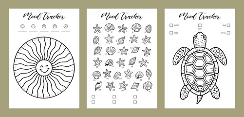 Mood tracker Set Summer Journal Printable Planner Page Template, Vector Illustration, A4 and A5 Sizes, Hand Drawn Doodle Style. Planner pages bullet journal A5 A4 format