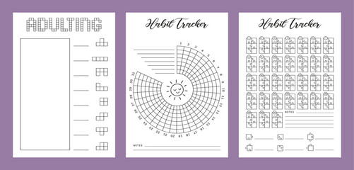 Habit tracker Set Summer Journal Printable Planner Page Template, Vector Illustration, A4 and A5 Sizes, Hand Drawn Doodle Style. Planner pages bullet journal A5 A4 format