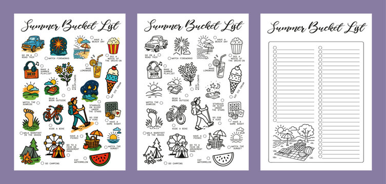 Summer bucket list Set Summer Journal Printable Planner Page Template, Vector Illustration, A4 and A5 Sizes, Hand Drawn Doodle Style. Planner pages bullet journal A5 A4 format