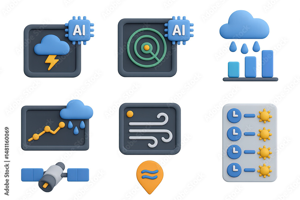 Poster weather and ai 3d icons set – isometric, data, forecasting and technology symbols