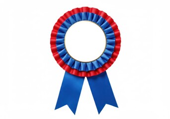 Close up of a rosette with red and blue ribbons isolated on white background