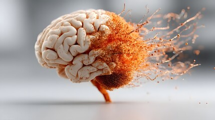 A vivid artistic representation of a human brain with an explosion of orange particles symbolizing creativity and neural activity in a dynamic visual