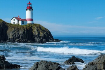 Scenic lighthouse on a rocky coast with waves crashing and a clear blue sky in the background