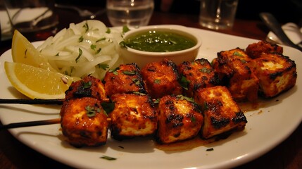 Grilled Paneer Tikka with Chutney and Onion Salad