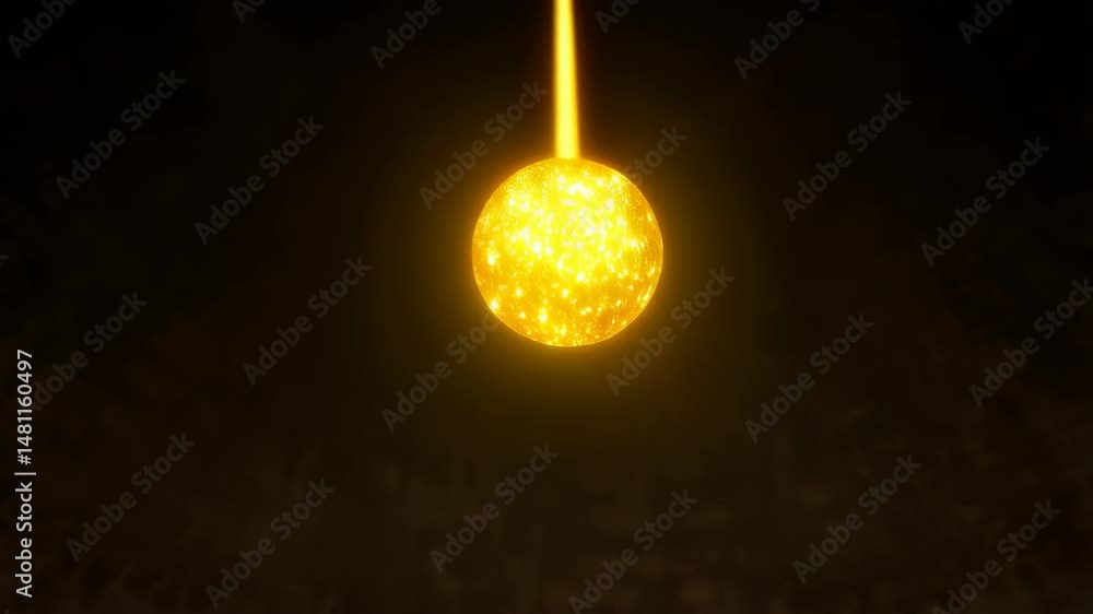 Poster mysterious glowing yellow sphere floating in a dark, cavernous space with a ray of light illuminatin