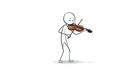 Stickman Playing Brown Violin Musical Performance on White Background