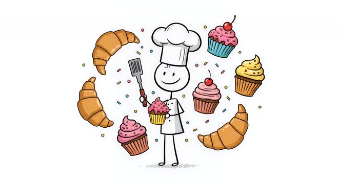 Stickman Pastry Chef Surrounded by Cupcakes and Croissants on White Background Wearing Chef Hat Representing Culinary Profession and Sweet Desserts Delight