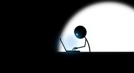 Stickman Programmer Diligently Coding in Dark Room Isolated on White Demonstrating Focus and Dedication
