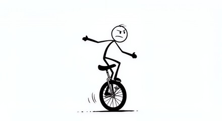 Stickman Riding a Unicycle on White Background Minimalist Design