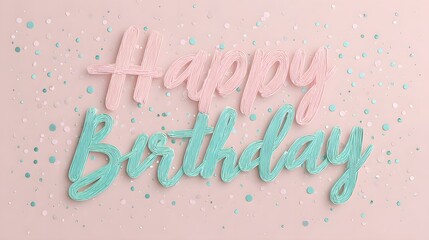A festive and colorful Happy Birthday greeting card featuring playful pastel pink and blue text with scattered confetti on a soft peach background creating a cheerful celebratory atmosphere
