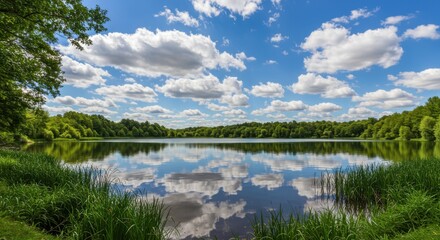 Fototapeta premium Lake reflection capturing serenity and natural beauty, with sky and trees