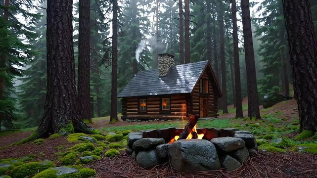 Wooden cabin beside a glowing campfire in a dense pine forest, ideal for camping visuals.