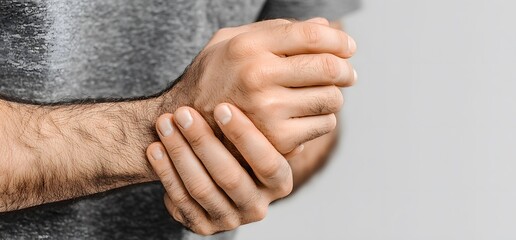 Fototapeta premium A detailed close-up image of a person's hands clasped together showing signs of discomfort or pain in the wrist area